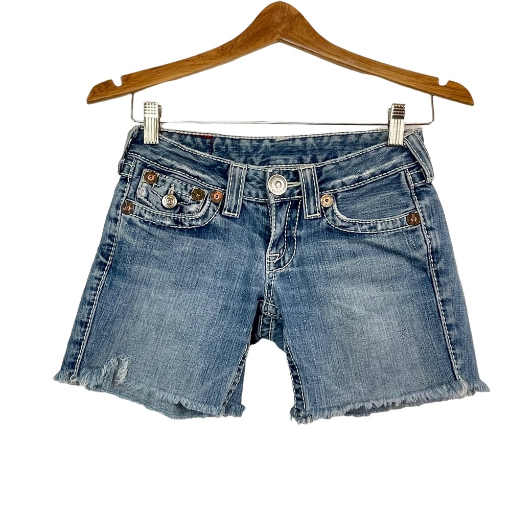 True Religion Y2K Joey Low Rise Cut Off Flap Pocket Denim Shorts Size 24 - Picture 2 of 16